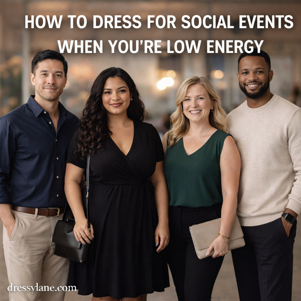 A diverse group of men and women wearing comfortable, stylish outfits suited for social events when energy is low.