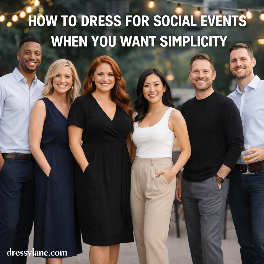 A diverse group of men and women dressed in simple, stylish outfits at a relaxed social event, showcasing effortless and polished looks.