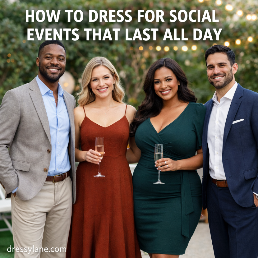 Diverse group of men and women dressed in stylish, comfortable outfits at an outdoor social event, representing all-day social style confidence.