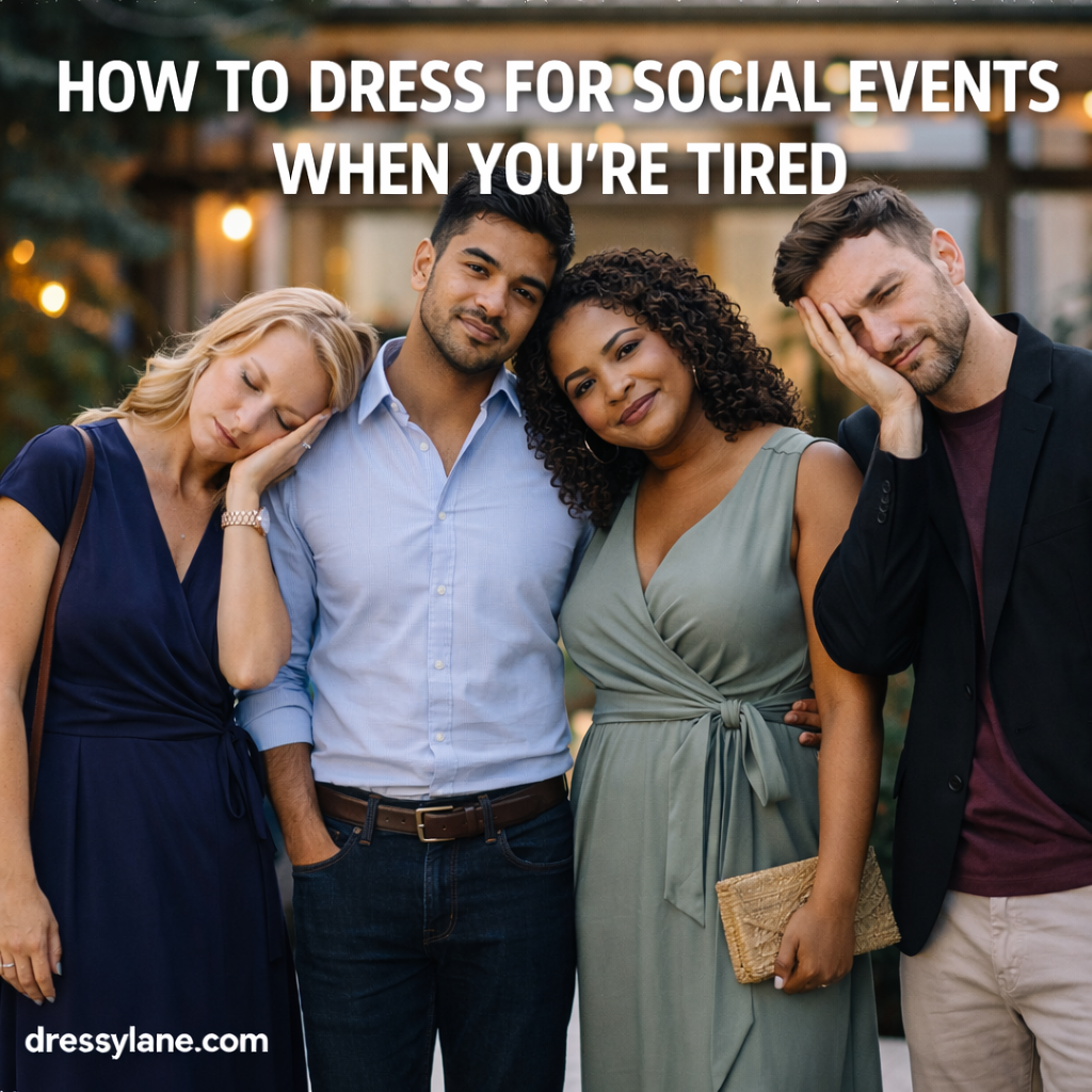 A diverse group of men and women wearing relaxed yet polished outfits at a social gathering, showing effortless style when feeling tired.
