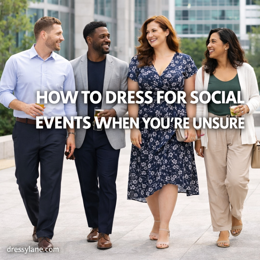 Diverse group of men and women attending a social event, wearing polished casual outfits suitable for uncertain dress codes.