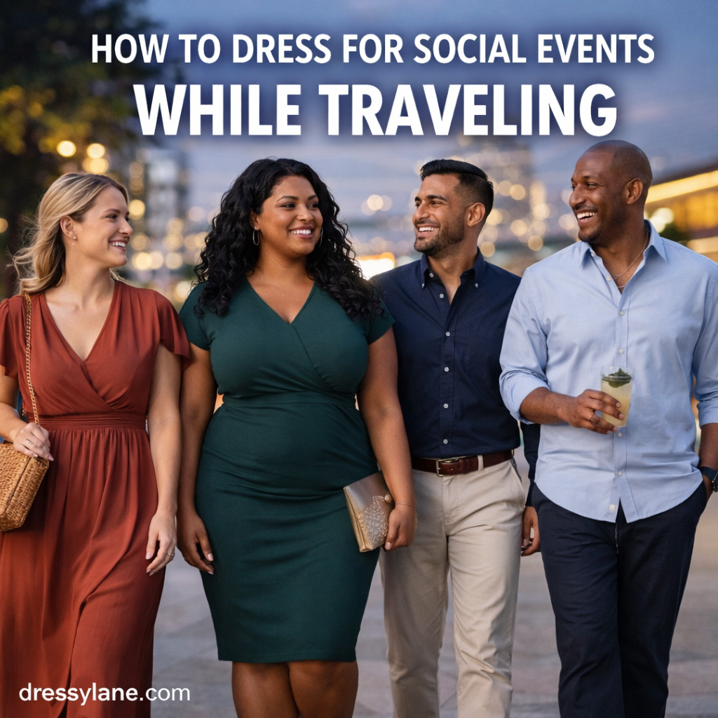 Stylish men and women dressed for social events while traveling, walking together in a city setting and showcasing polished yet comfortable outfits.
