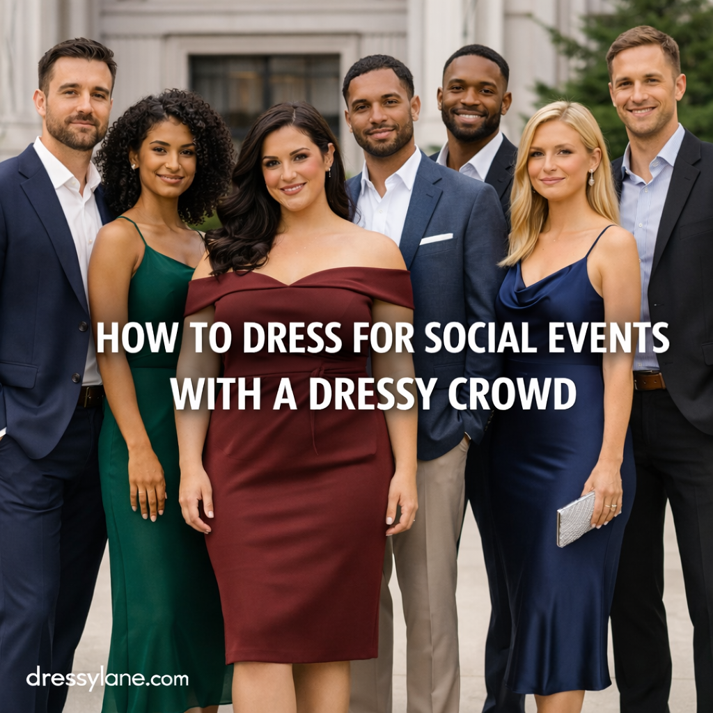 Group of men and women dressed in elegant outfits for a dressy social event, featuring polished styles and elevated evening attire.