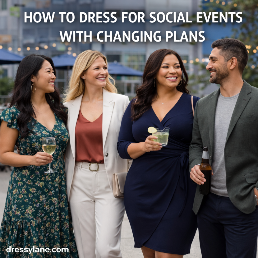 Men and women dressed in adaptable social outfits, enjoying a casual city gathering while showcasing versatile styles for changing plans.