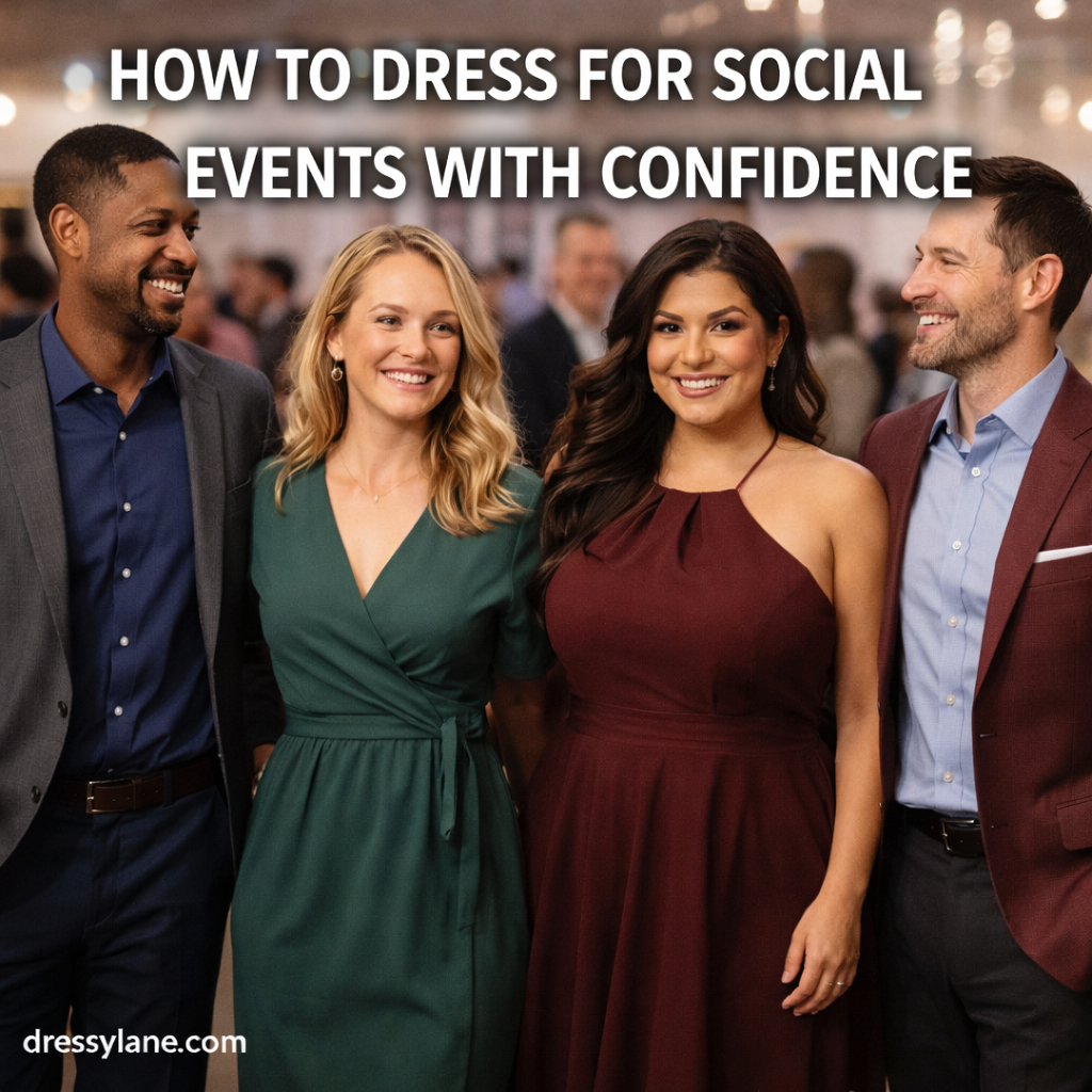 A diverse group of men and women dressed in stylish social event outfits, standing together confidently at a lively gathering.