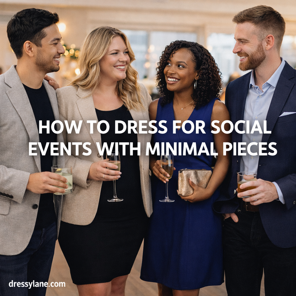 Diverse group of men and women wearing simple, stylish outfits at a social event, demonstrating minimal yet polished looks.