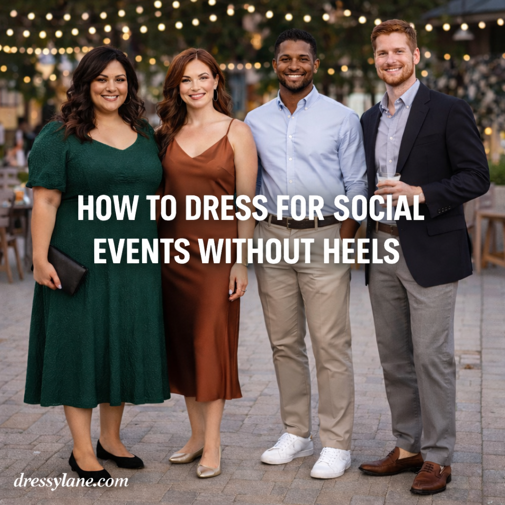 Group of men and women dressed for a social event wearing stylish outfits paired with flats, loafers, and low-profile shoes instead of heels.