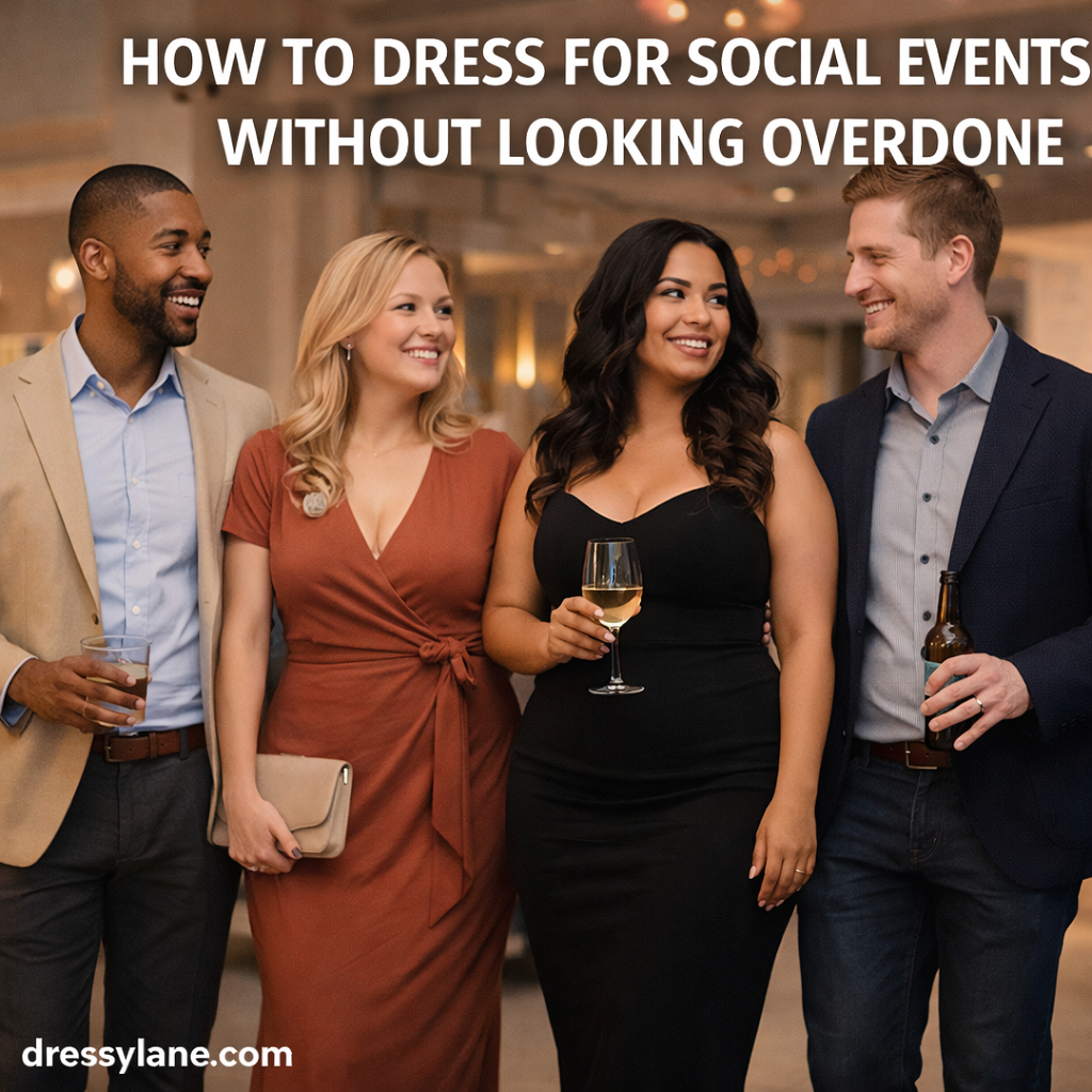 Men and women dressed in polished yet relaxed outfits at a social gathering, showcasing balanced style that looks elegant without feeling overdone.