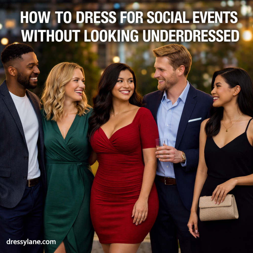 A diverse group of men and women dressed in stylish social-event outfits, standing together at an evening gathering with polished, elevated looks.