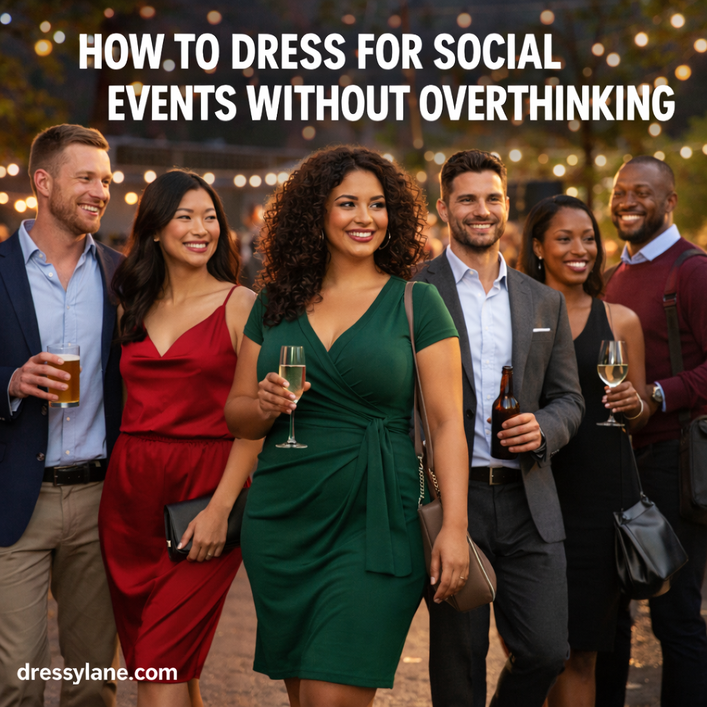 A diverse group of men and women dressed stylishly at a social gathering, showing confident and effortless outfits for social events.