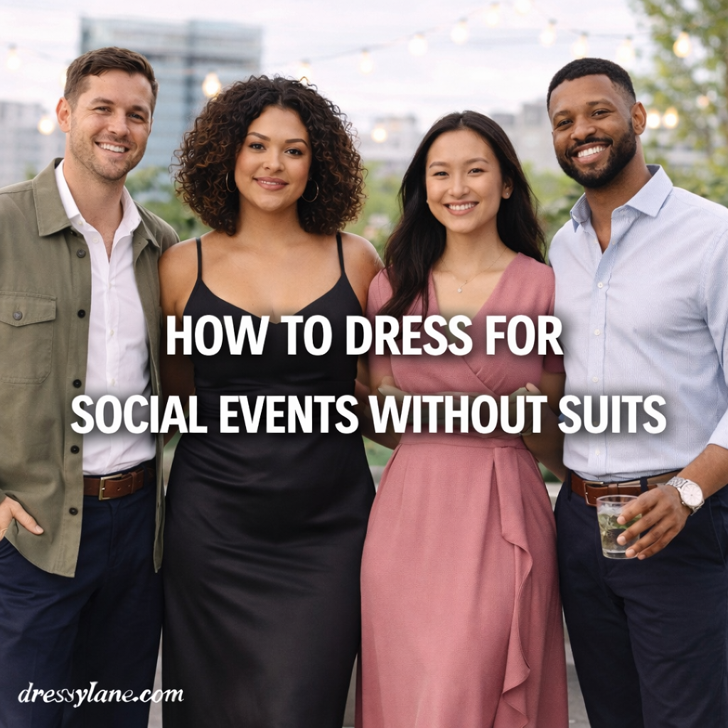 Diverse group of men and women wearing polished, suit-free outfits for a social event, showcasing modern smart-casual style.