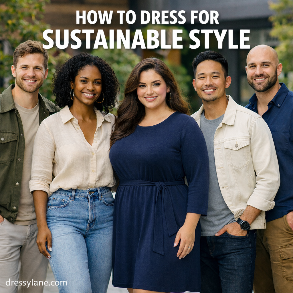 Diverse group of men and women wearing modest, eco-conscious outfits that reflect sustainable style principles.