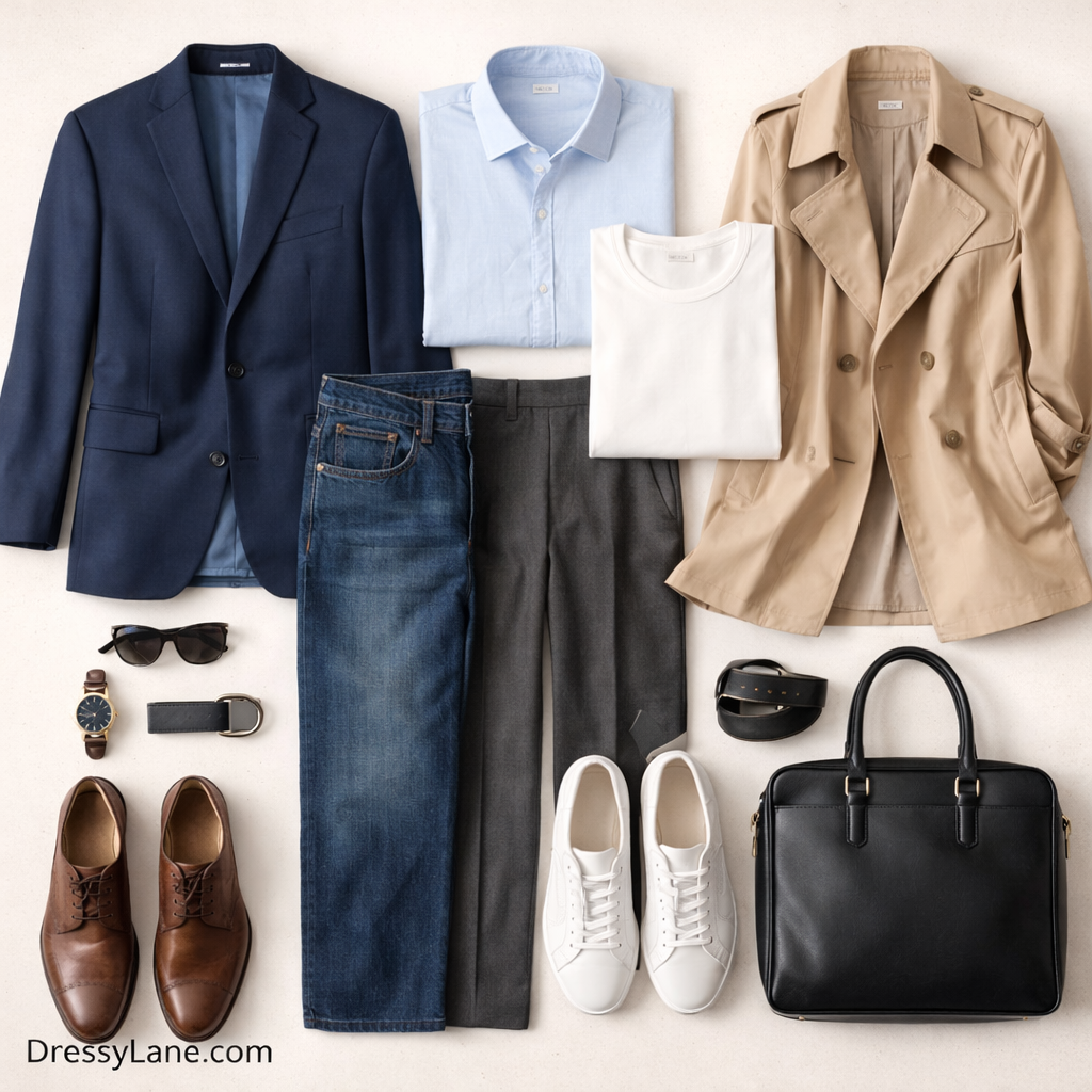 Flat lay of timeless men’s wardrobe essentials including a blazer, trench coat, button-down shirts, full-length pants, classic shoes, and leather accessories.