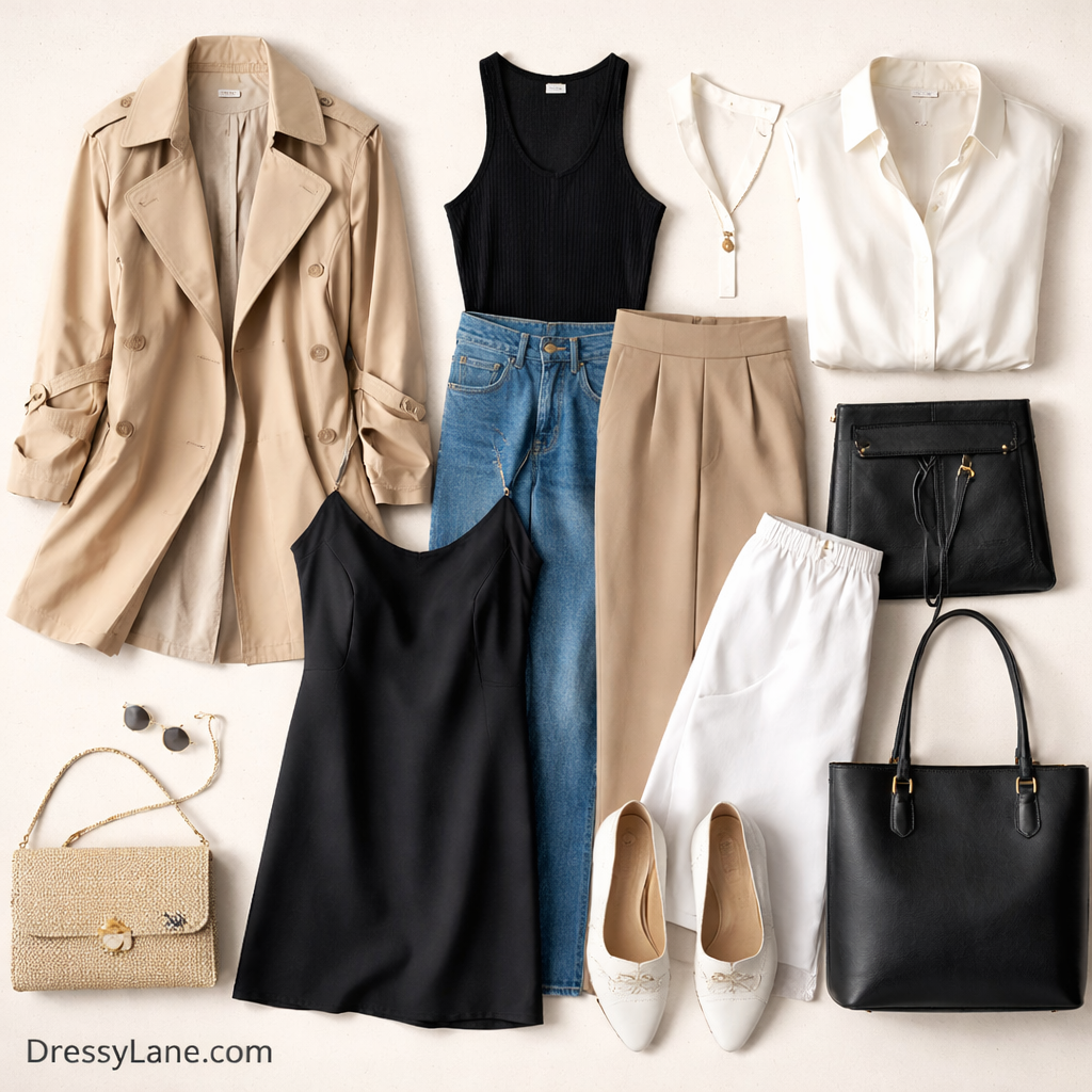 Flat lay of timeless women’s wardrobe essentials including a trench coat, black dress, neutral tops, tailored pants, classic shoes, and minimalist accessories.