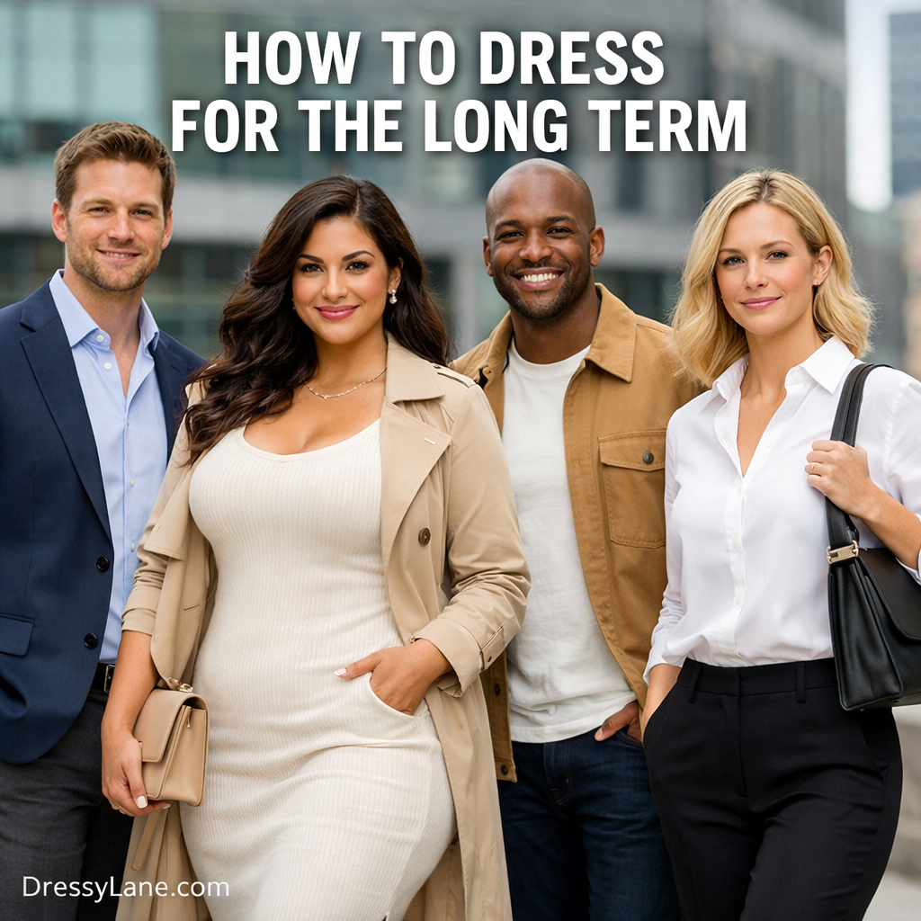 A diverse group of stylish men and women wearing timeless, high-quality outfits that reflect a long-term approach to personal style.