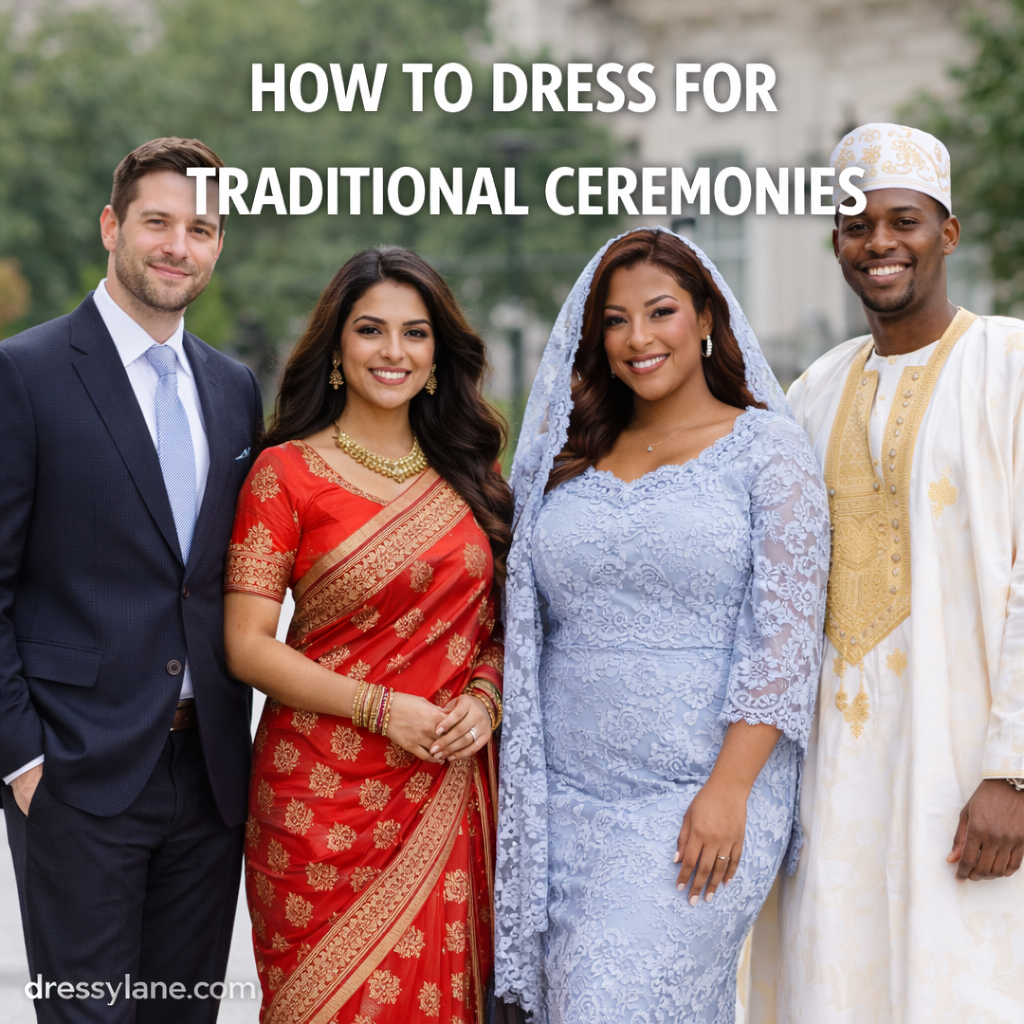 Diverse group of men and women wearing elegant traditional ceremony attire, showcasing respectful cultural and formal dressing.