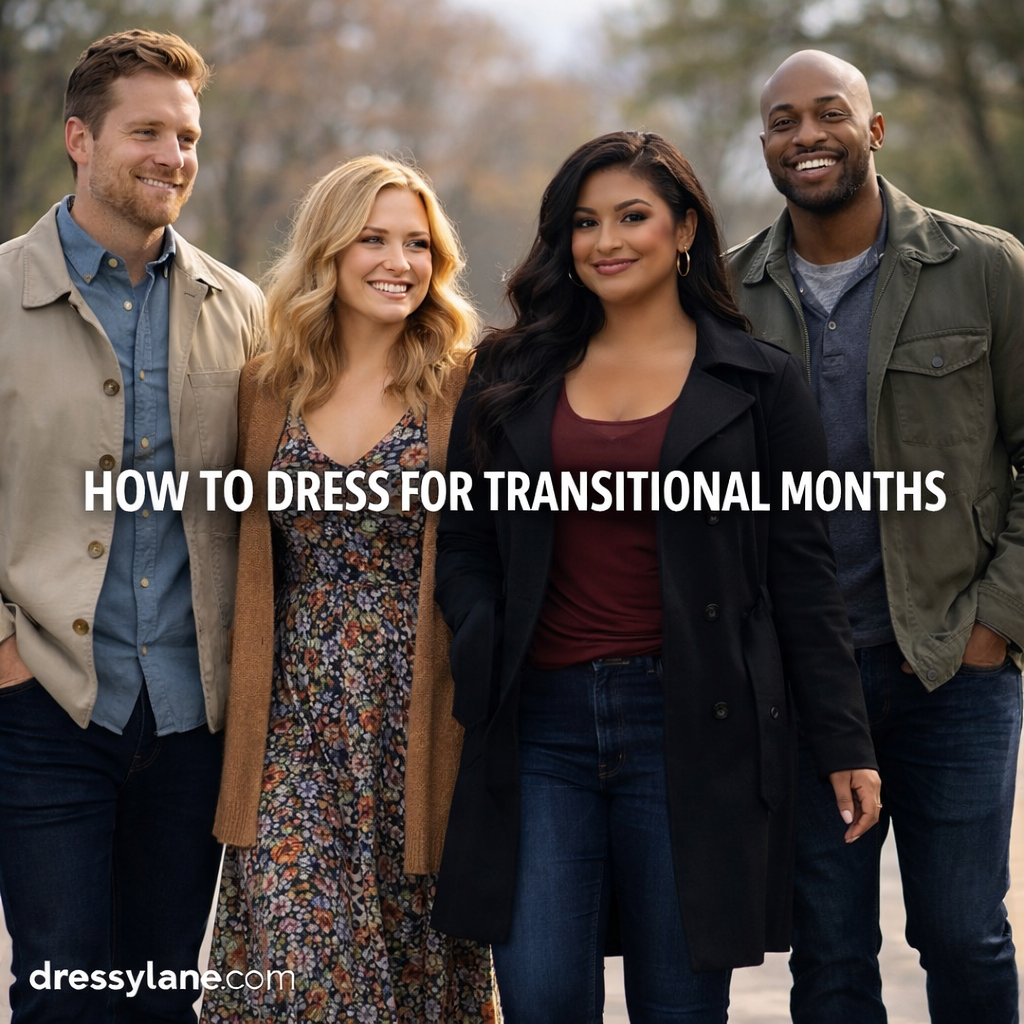 Diverse group of men and women wearing layered outfits suitable for transitional months, including a stylish curvy woman, photographed outdoors in mild seasonal weather.