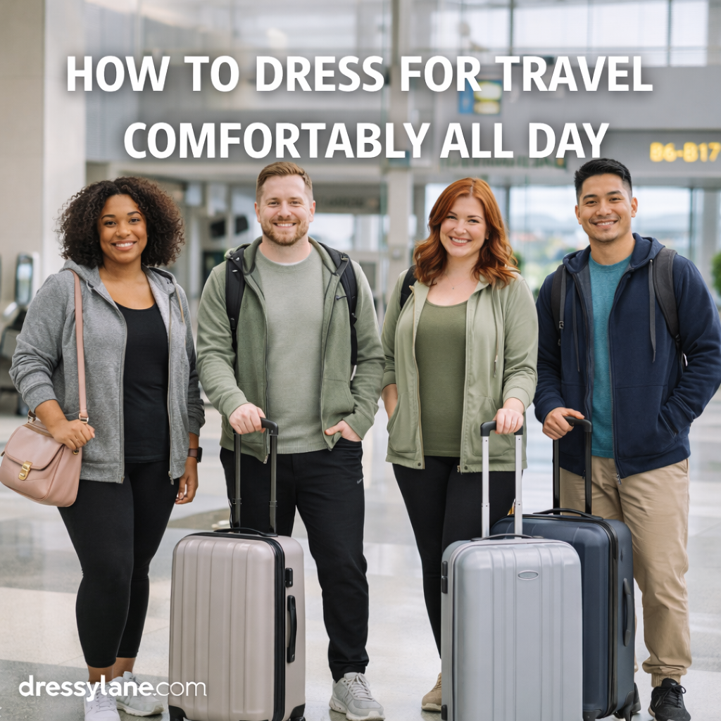 Diverse group of travelers wearing comfortable, casual outfits while standing with luggage in an airport, styled for all-day travel comfort.