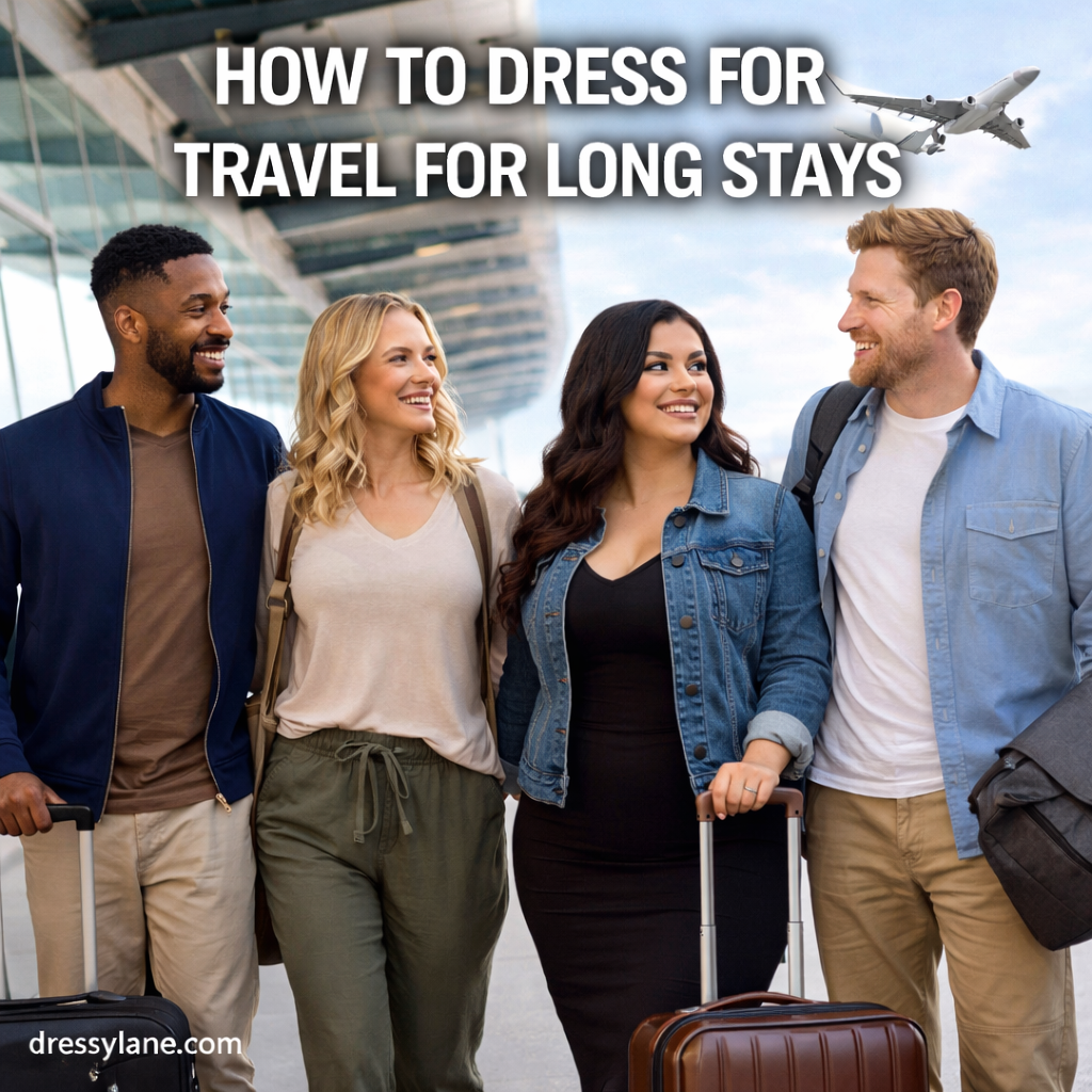 A diverse group of men and women dressed in comfortable travel outfits, standing together at an airport while preparing for a long stay trip.
