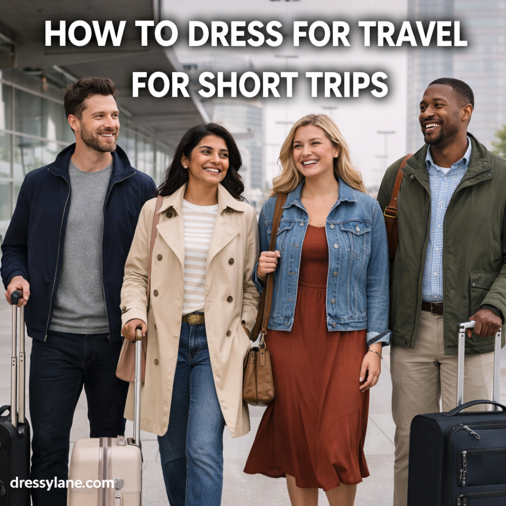 A diverse group of men and women dressed in comfortable travel outfits, walking together at an airport while heading out on a short trip.