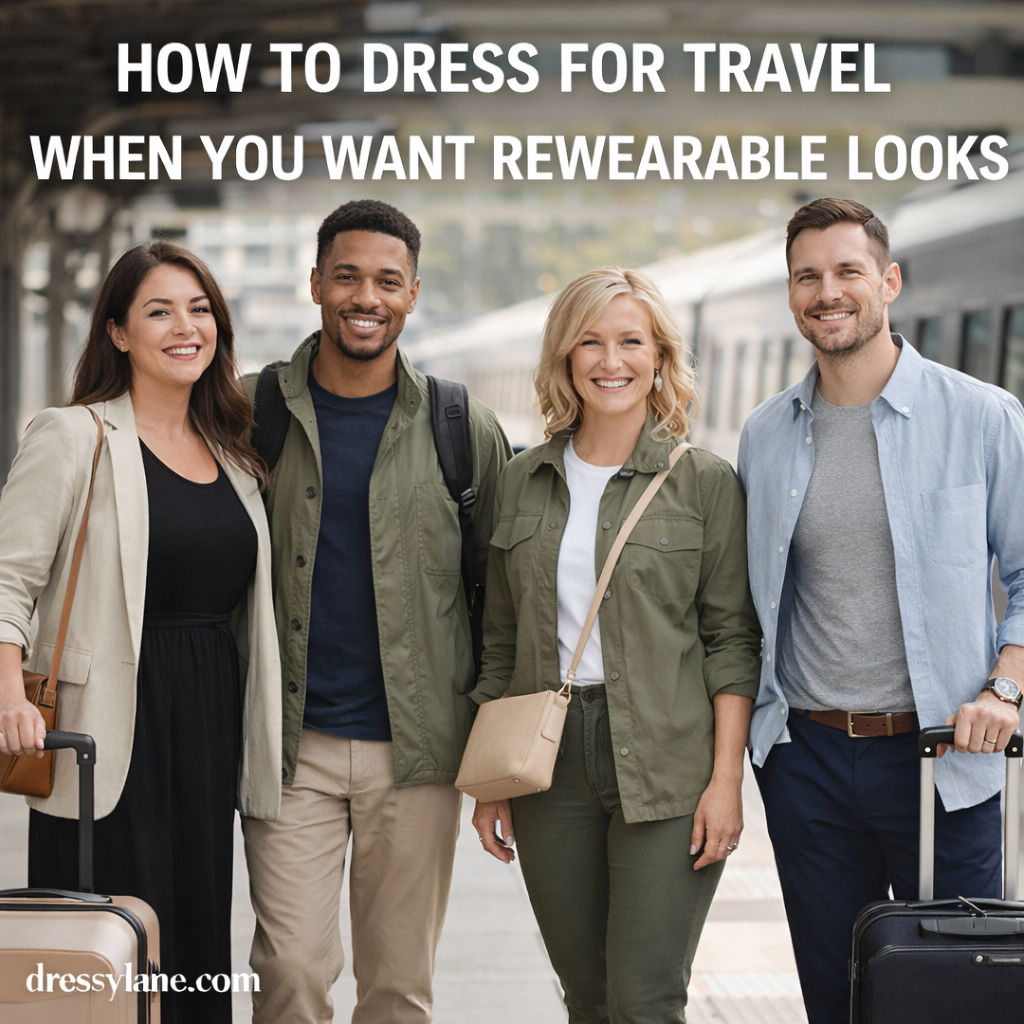 A diverse group of men and women wearing practical, rewearable travel outfits at a train station, styled in neutral layers for comfortable travel.