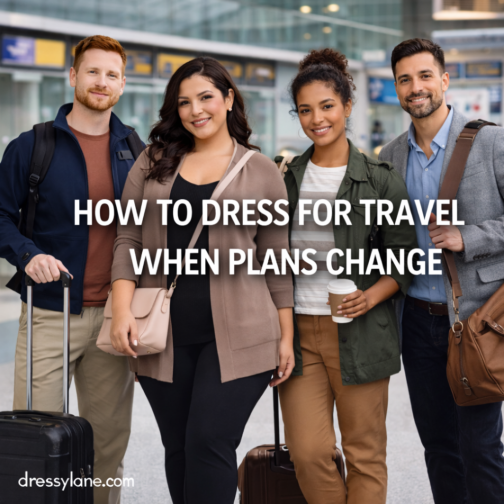 Group of men and women wearing versatile travel outfits at an airport, styled with comfortable layers and practical luggage for changing travel plans.