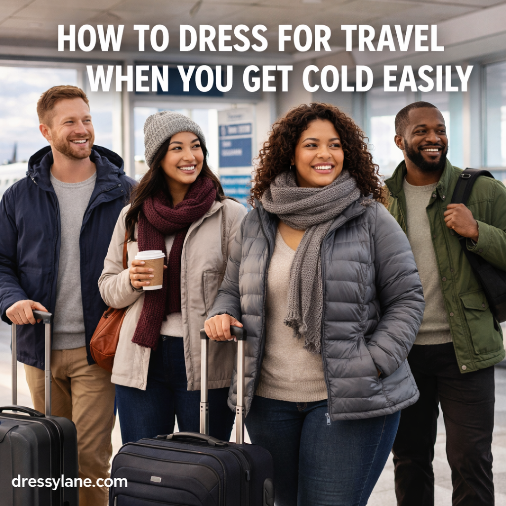 A diverse group of travelers wearing warm layered outfits in an airport, showing how to dress comfortably for travel when you get cold easily.