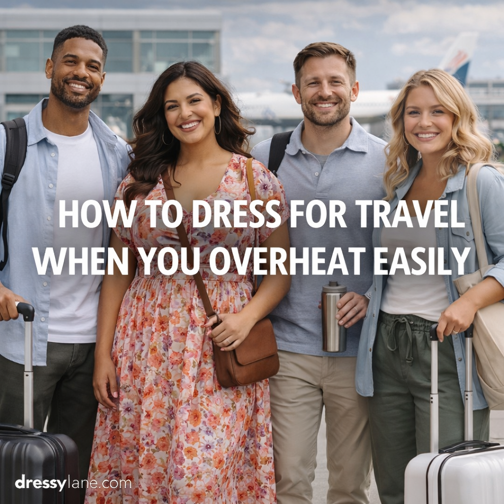 Group of men and women travelers wearing lightweight, breathable outfits at an airport, illustrating how to dress for travel when you overheat easily.