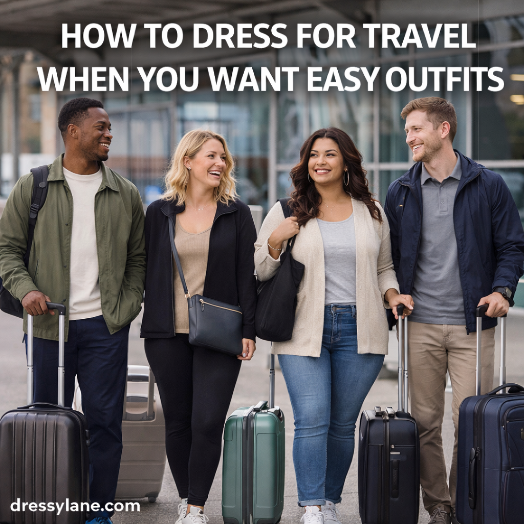 Group of travelers wearing comfortable, easy travel outfits at an airport, showcasing relaxed and versatile styles for stress-free travel.