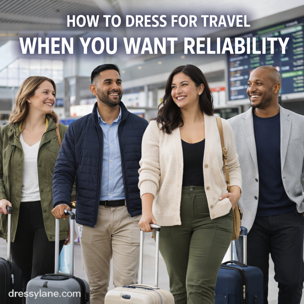 Group of travelers dressed in reliable, travel-friendly outfits walking through an airport, showcasing comfortable and versatile clothing for travel days.