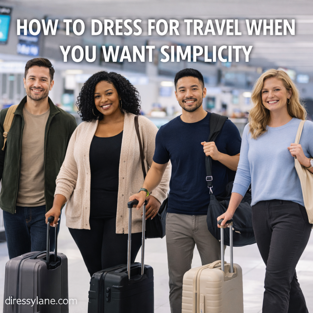 A diverse group of men and women wearing simple, polished travel outfits in an airport setting, including a confident curvy woman styled comfortably for travel.
