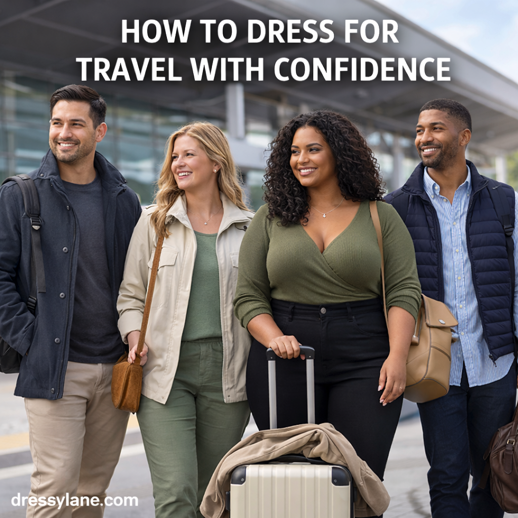 Confident travelers wearing stylish, comfortable travel outfits at an airport, featuring men and women dressed in polished, versatile looks.