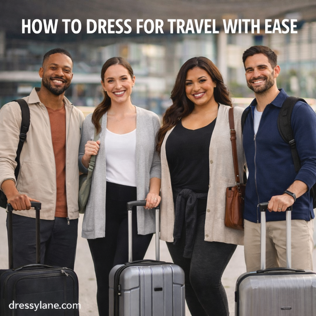 Diverse group of travelers wearing comfortable, stylish outfits at an airport, showcasing effortless travel fashion for men and women.