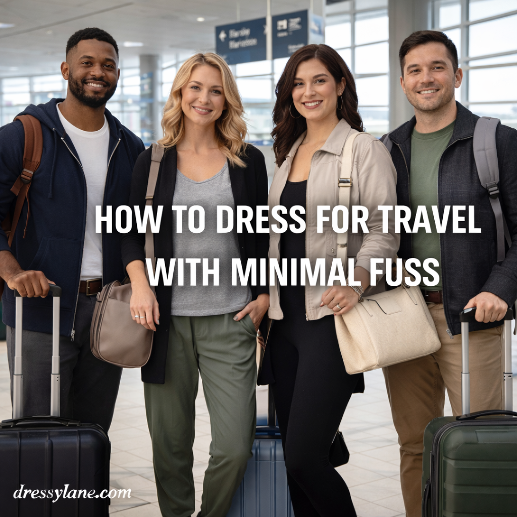 Group of men and women dressed in comfortable, travel-ready outfits at an airport, carrying luggage and wearing relaxed, coordinated clothing.