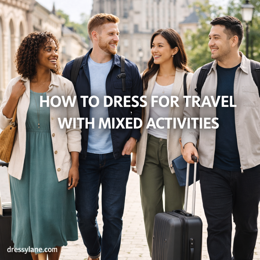 Diverse group of travelers wearing versatile outfits suitable for mixed travel activities while exploring a city.