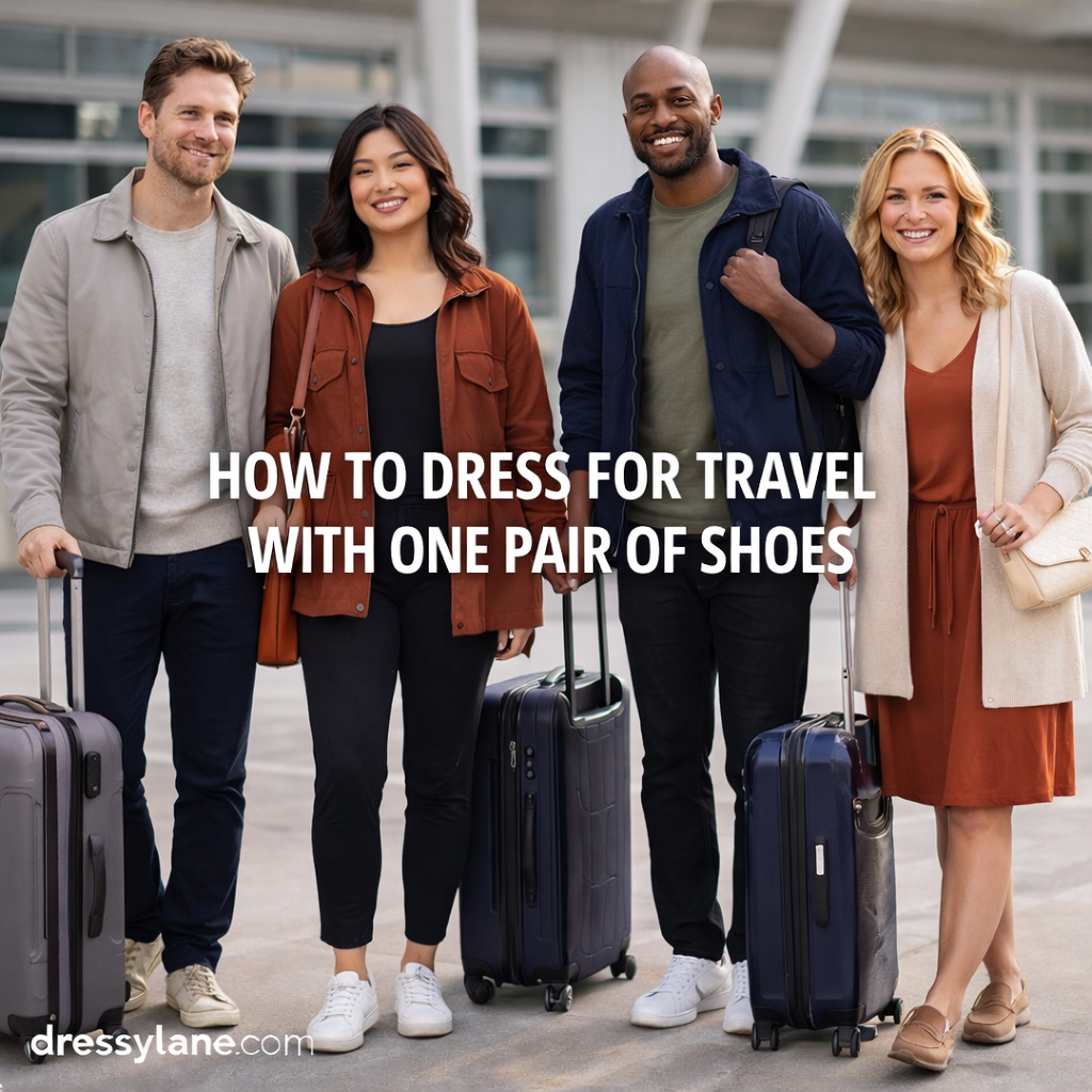 Diverse group of travelers wearing comfortable travel outfits and the same versatile shoes while standing at an airport with luggage, dressylane.com.