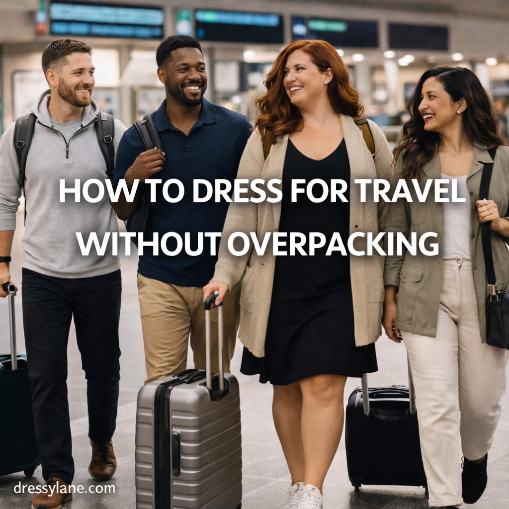 Diverse group of travelers walking through an airport wearing versatile outfits designed for travel without overpacking.