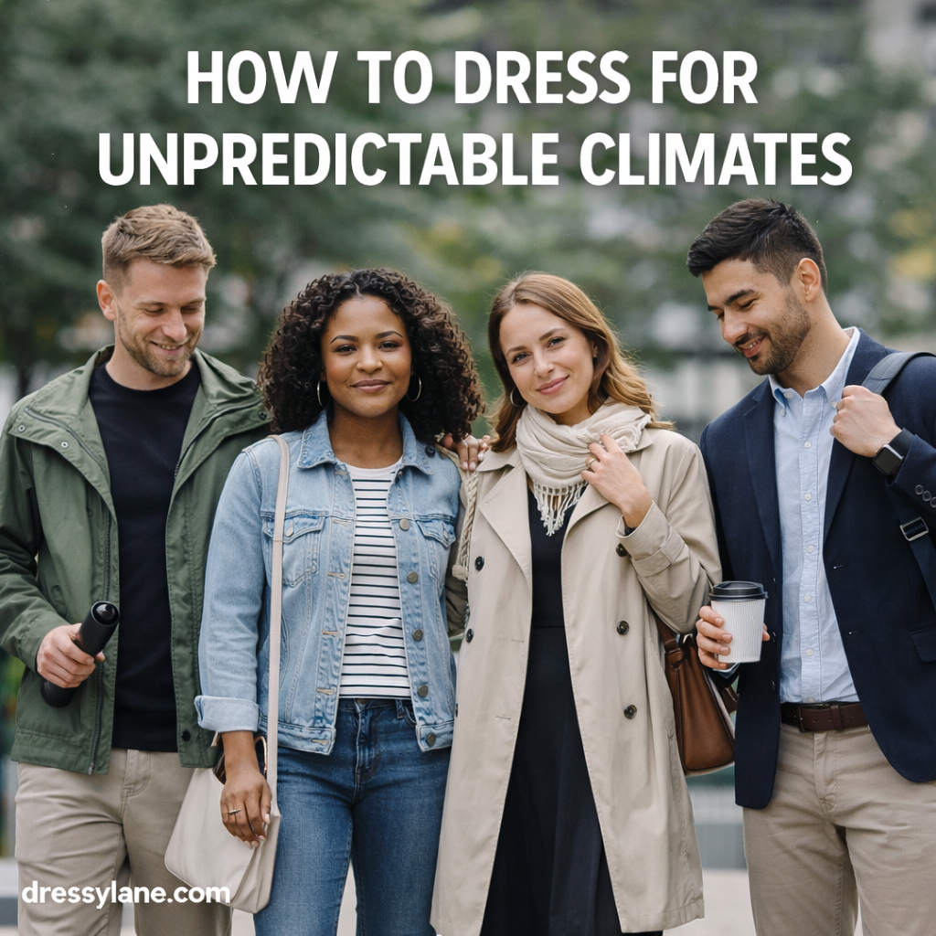 A diverse group of men and women wearing layered outfits outdoors, showing how to dress for unpredictable climates.