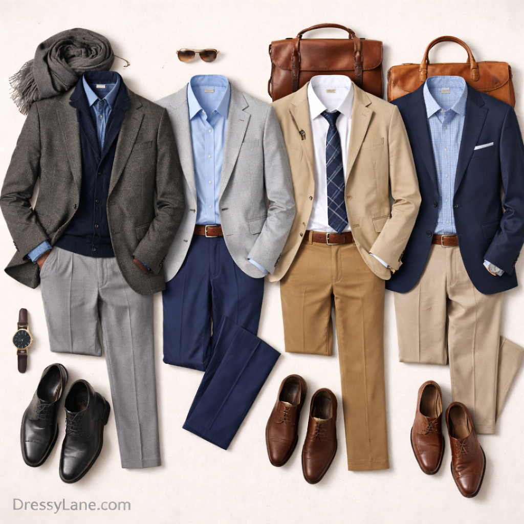 Flat lay of men’s work outfits styled for different seasons, featuring tailored suits, blazers, dress shirts, trousers, and professional accessories.