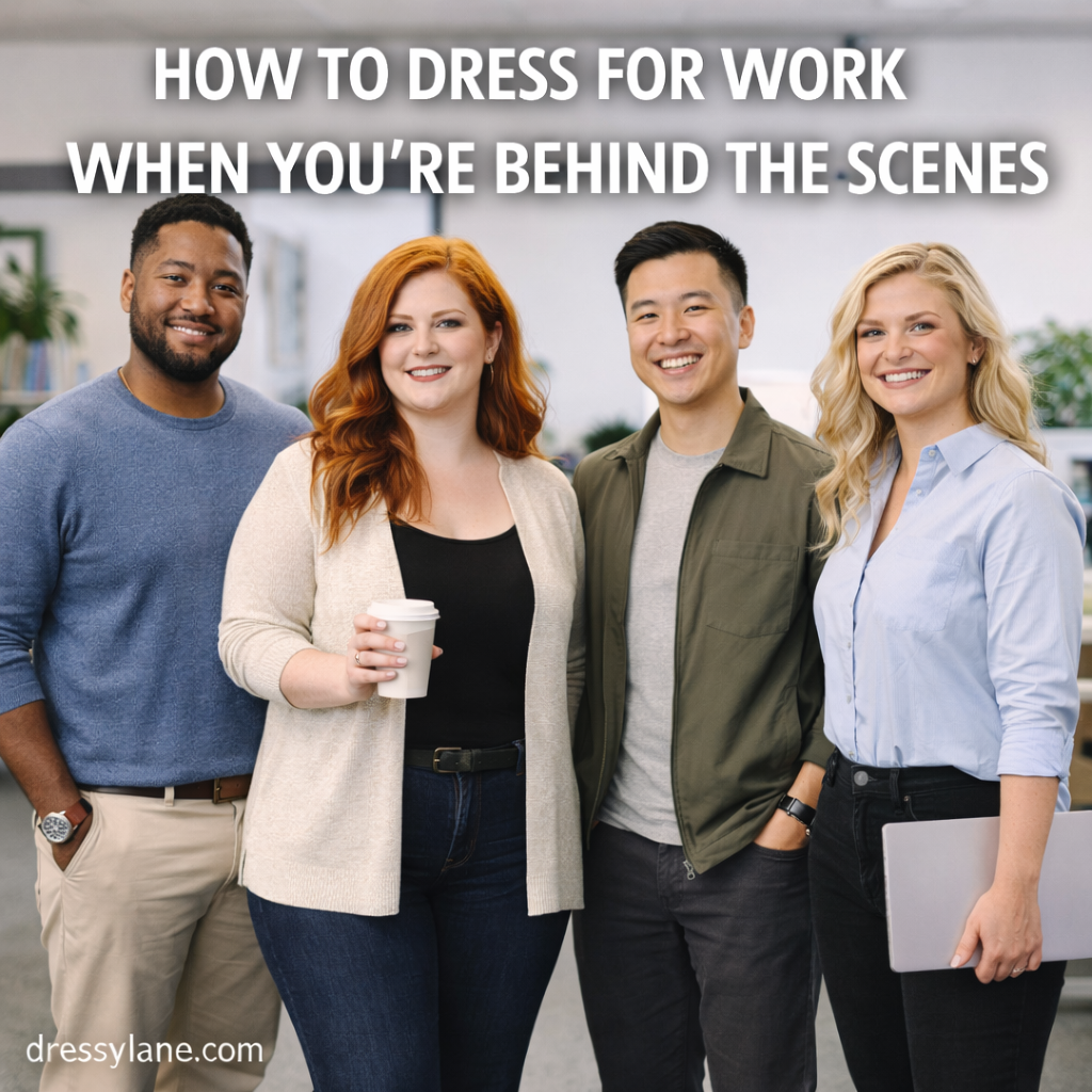 A diverse group of men and women in business-casual outfits standing in an office, including a curvy redhead woman, representing polished behind-the-scenes work style.