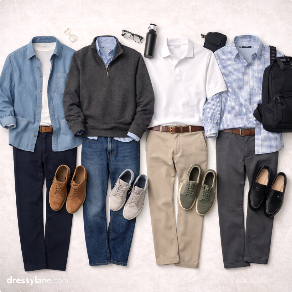 Flat lay of men’s casual work outfits featuring polished jeans, chinos, relaxed shirts, sweaters, casual shoes, and everyday accessories for modern workplaces.