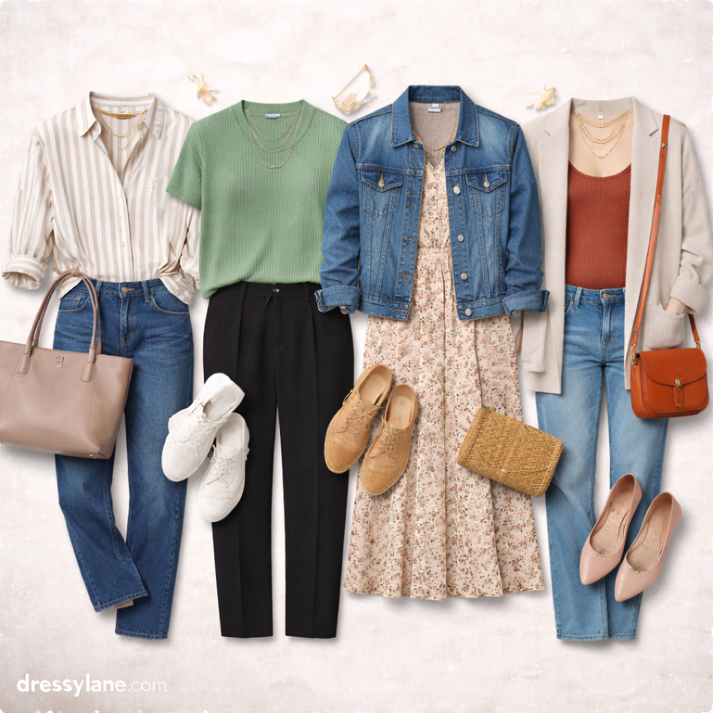 Flat lay of women’s casual work outfits featuring polished jeans, blouses, relaxed layers, flats, and accessories suitable for casual office environments.