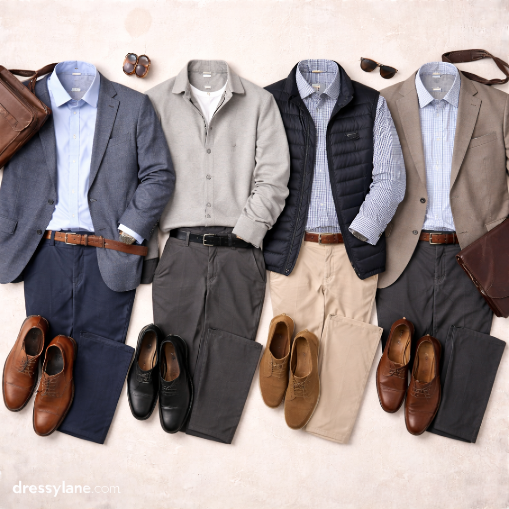 Flat lay of men’s professional work outfits featuring comfortable dress shirts, trousers, blazers, layers, and supportive shoes styled for low-stress workdays.