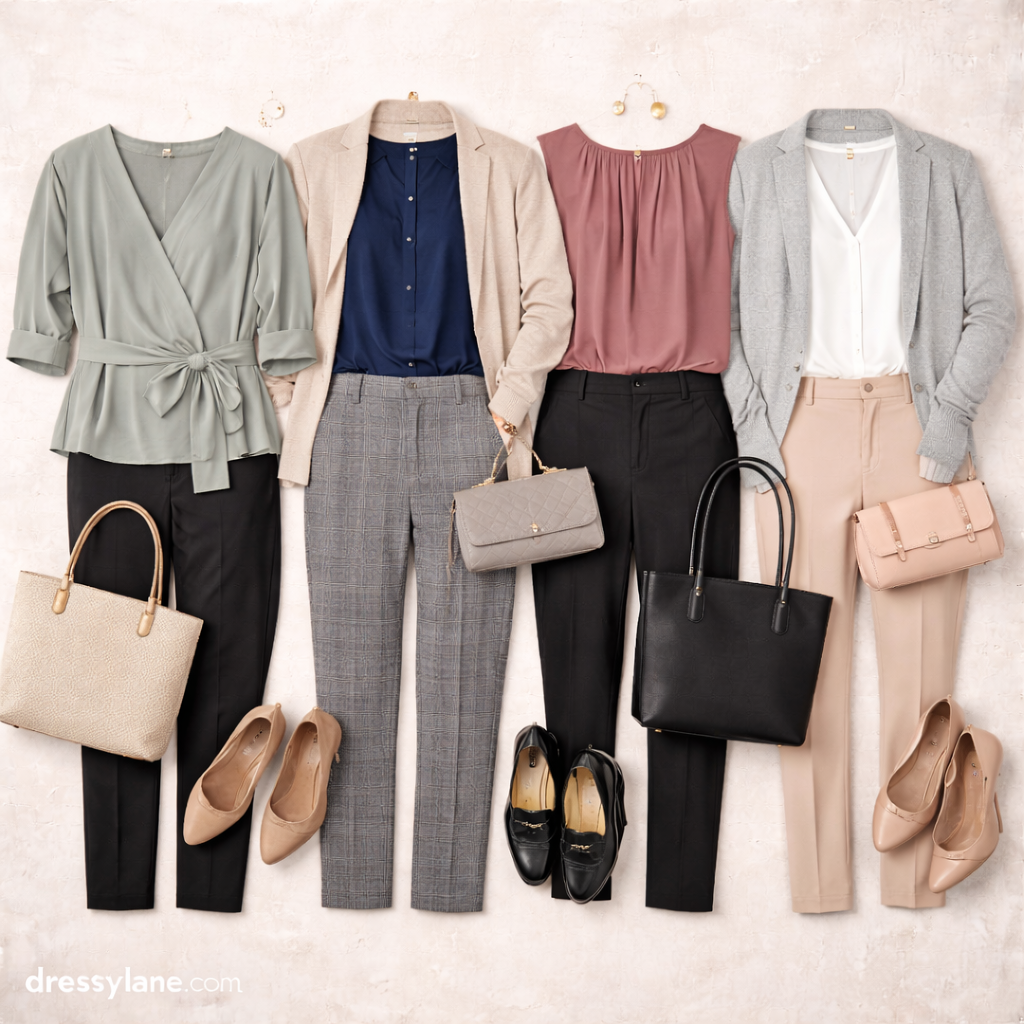 Flat lay of women’s professional work outfits featuring comfortable blouses, trousers, blazers, flats, and structured handbags styled for low-stress workdays.