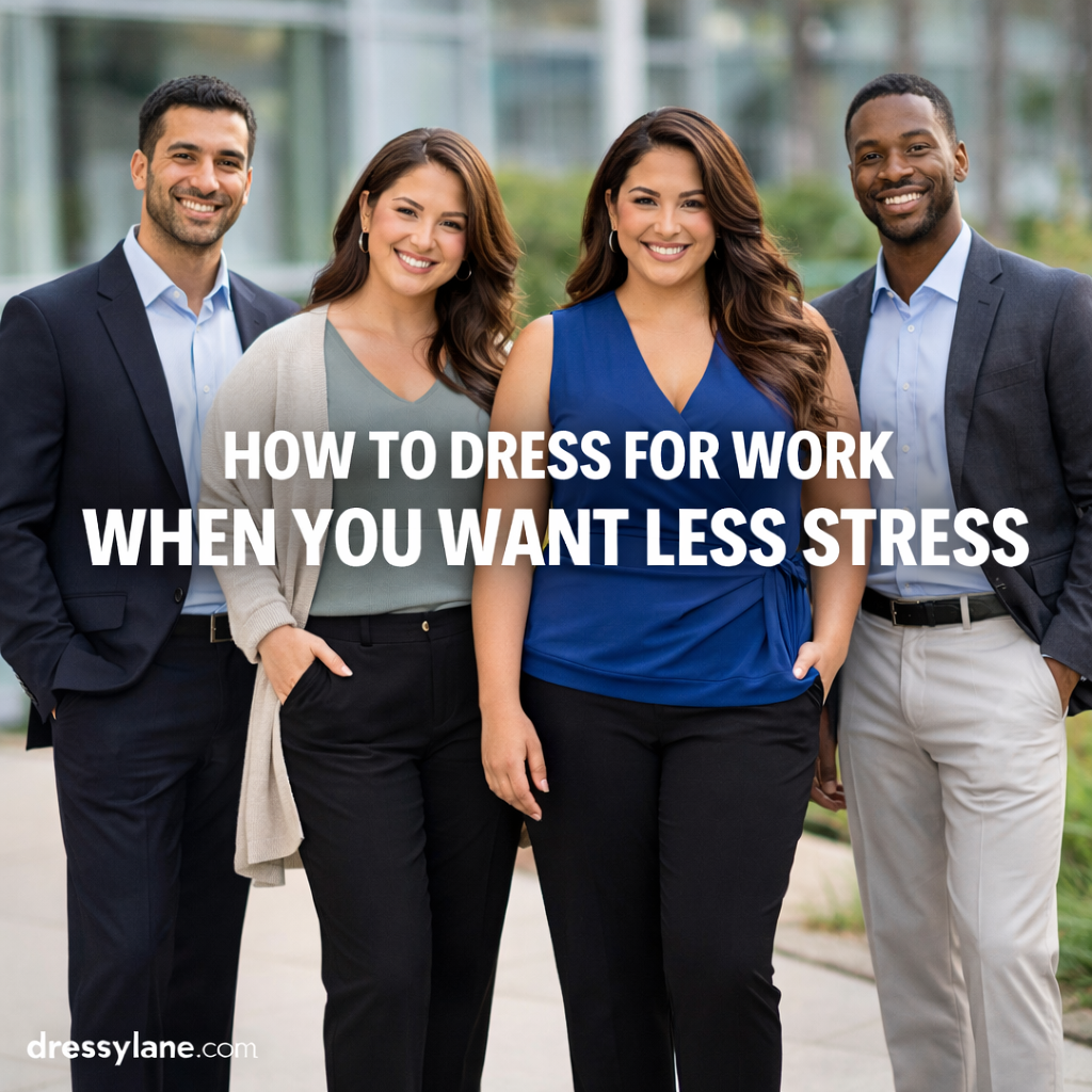 Diverse group of men and women wearing comfortable professional work outfits designed to reduce stress and support confidence.