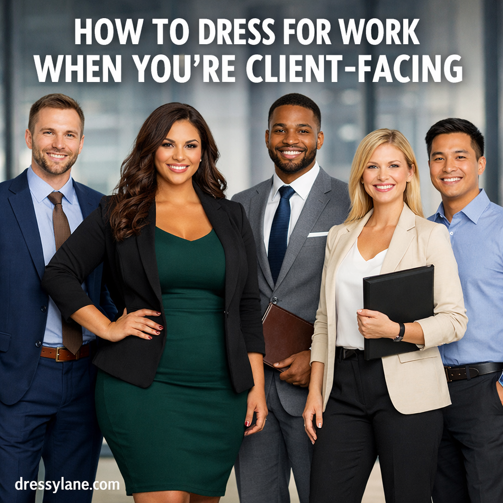 A diverse group of professionally dressed men and women standing confidently in a modern office setting, representing client-facing work attire best practices.