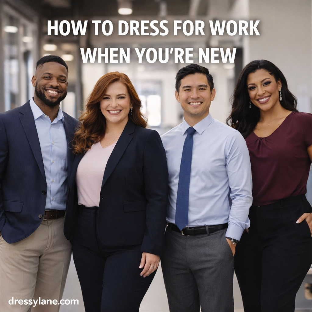 Diverse group of professionals wearing polished office outfits in a modern workplace, representing confident first-week work style.