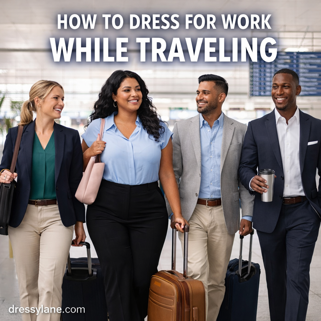 Professionals dressed in polished travel-friendly work outfits walking through an airport, showcasing stylish and comfortable business travel attire for men and women.