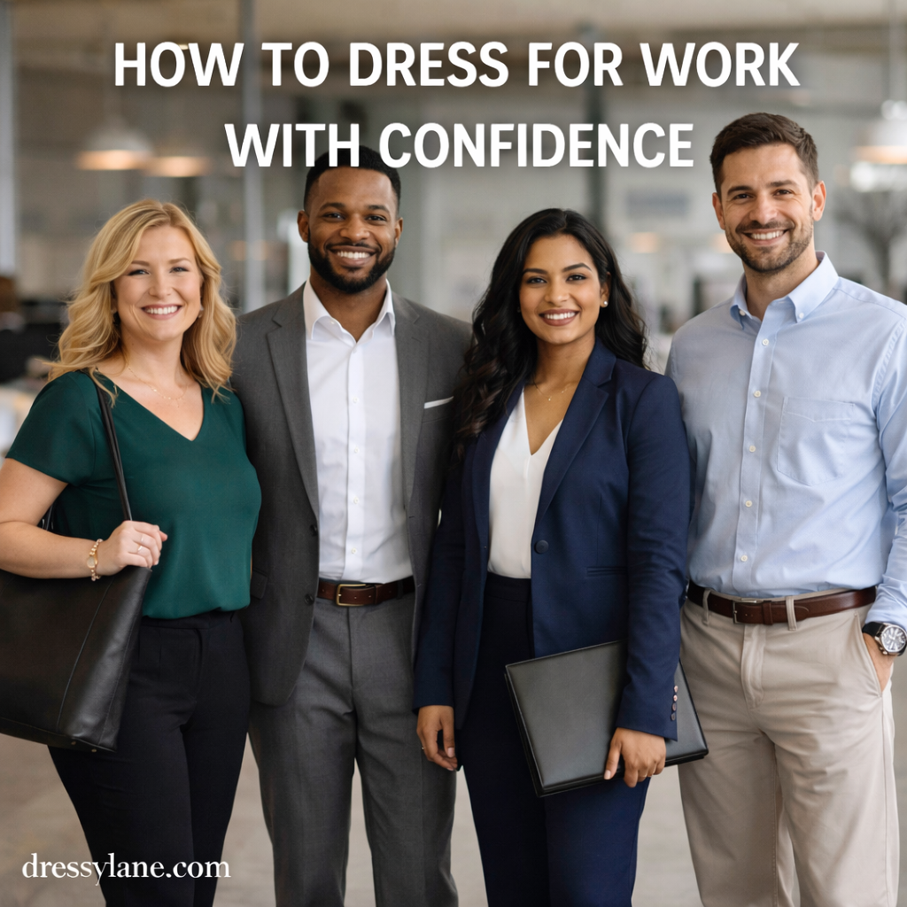A diverse group of professionals wearing confident, polished work outfits in a modern office setting.