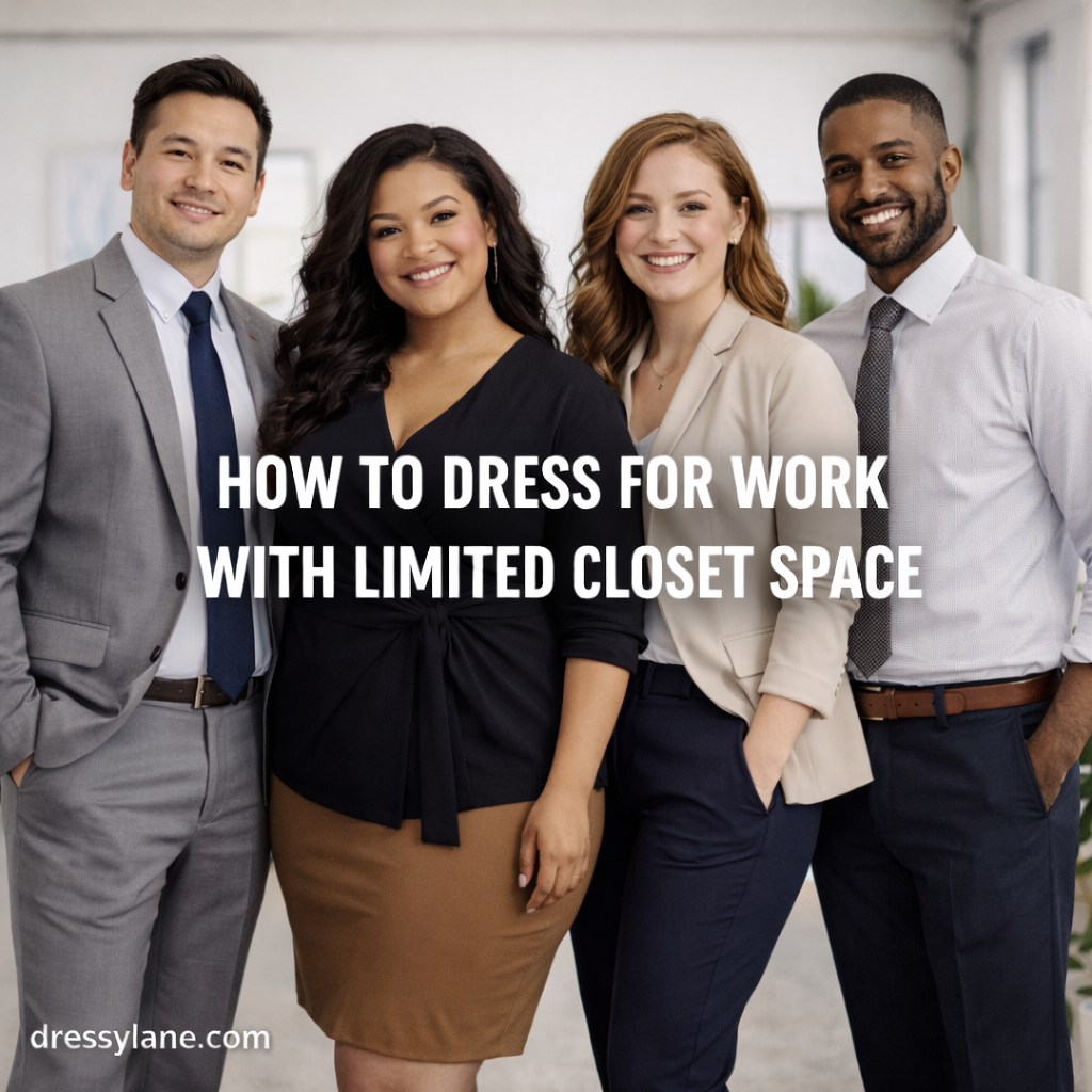 Diverse men and women in professional outfits showing how to dress for work with limited closet space.